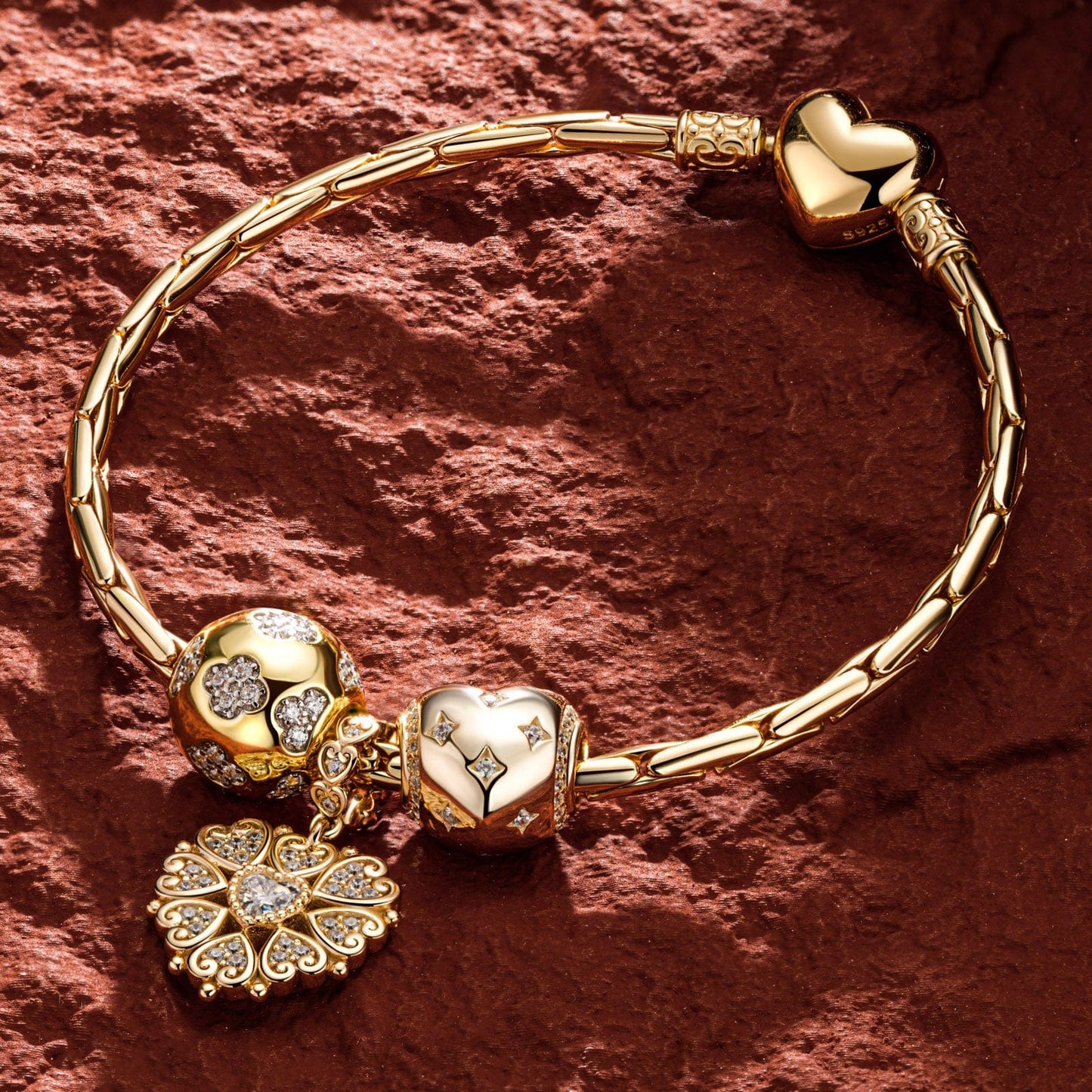 Sterling Silver Love At First Sight Charms Bracelet Set In 14K Gold Plated (Includes bracelet and all charms shown)