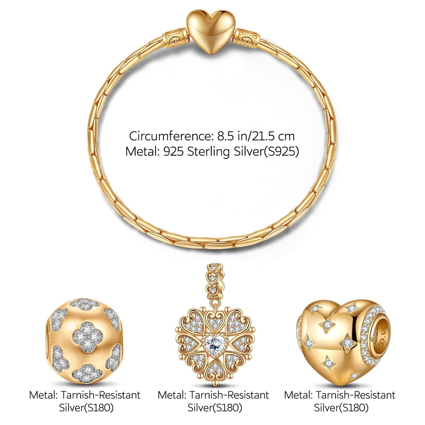 Sterling Silver Love At First Sight Charms Bracelet Set In 14K Gold Plated (Includes bracelet and all charms shown)