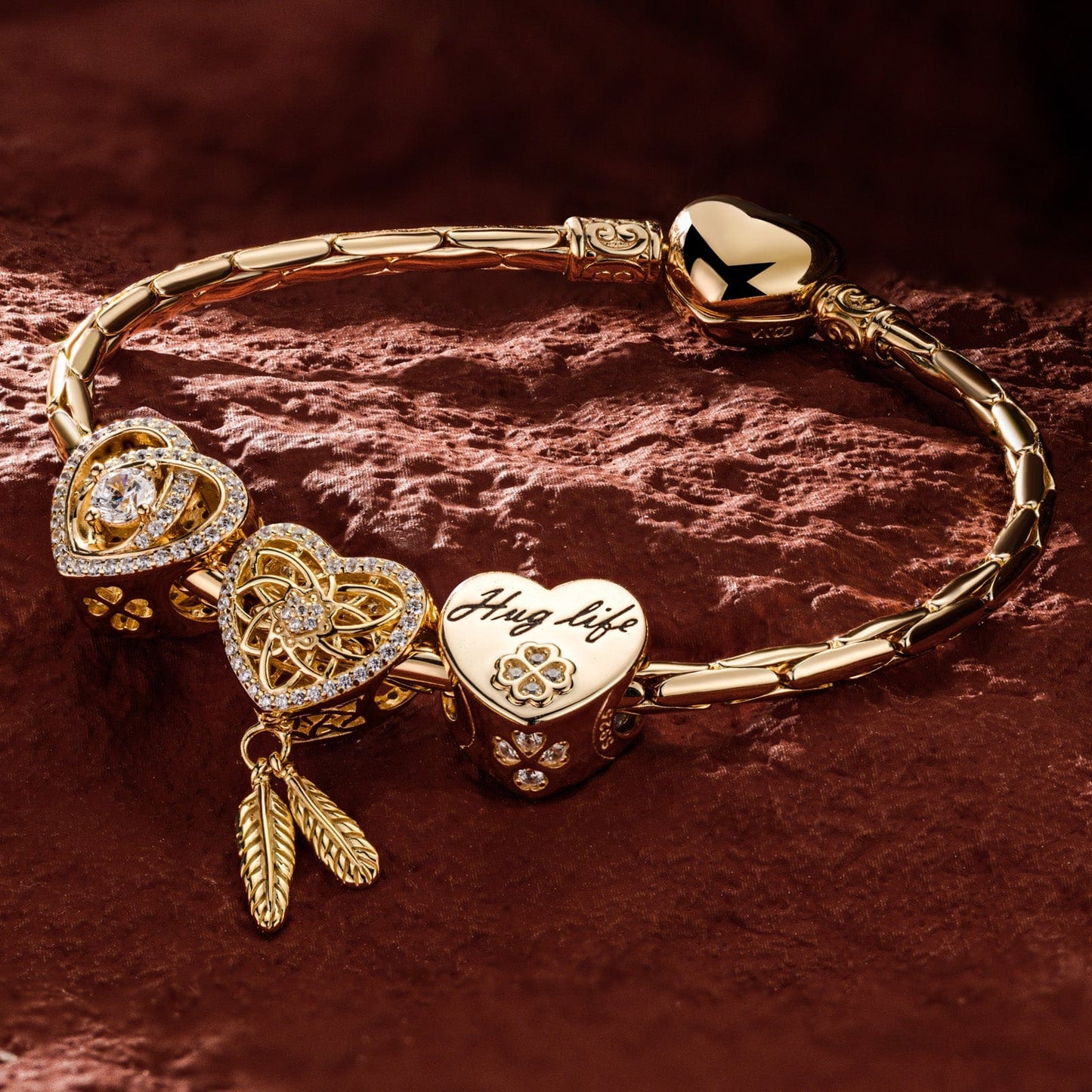Sterling Silver The Lucky Rose Charms Bracelet Set In 14K Gold Plated (Includes bracelet and all charms shown)