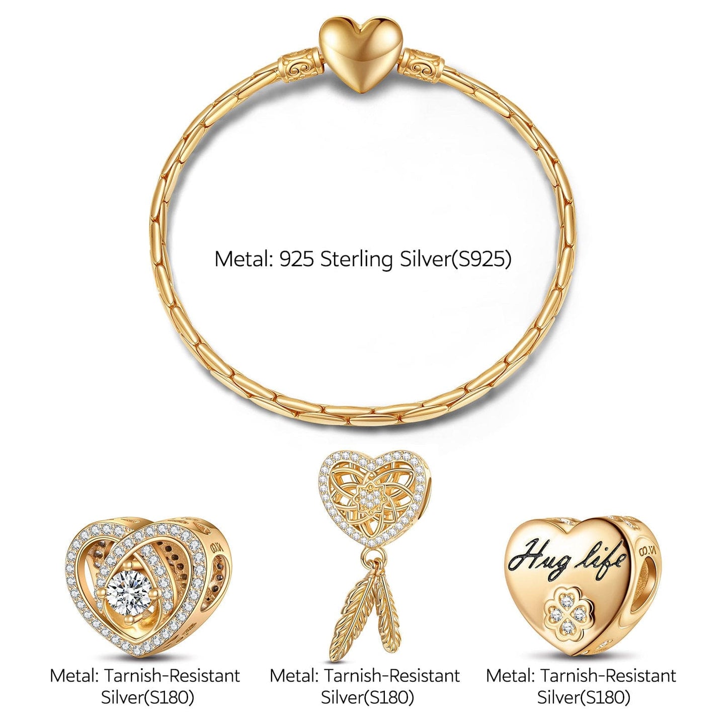 Sterling Silver The Lucky Rose Charms Bracelet Set In 14K Gold Plated (Includes bracelet and all charms shown)
