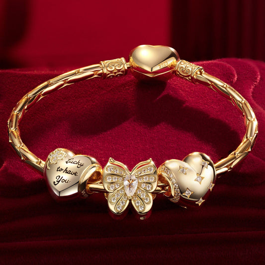gon- Sterling Silver Golden Backyard Charms Bracelet Set In 14K Gold Plated