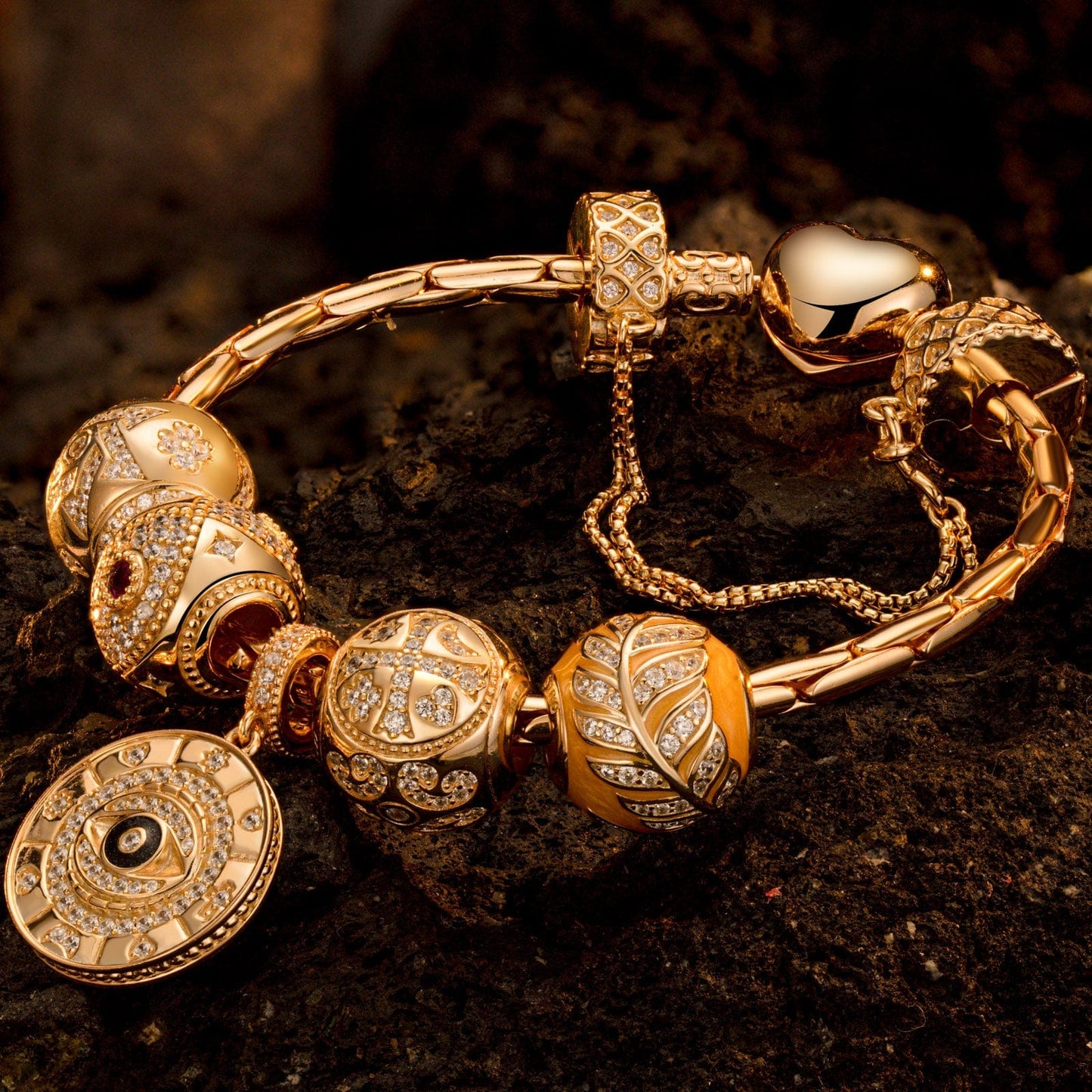 Sterling Silver Harvest Charms Bracelet Set With Enamel In 14K Gold Plated