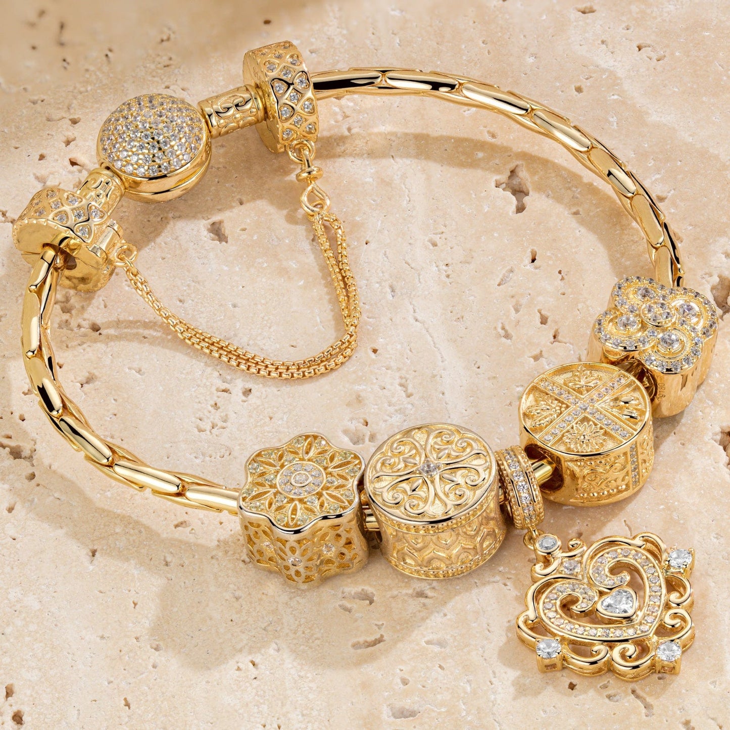 Sterling Silver The Queen's Garden Charms Bracelet Set In 14K Gold Plated (Includes bracelet and all charms shown)