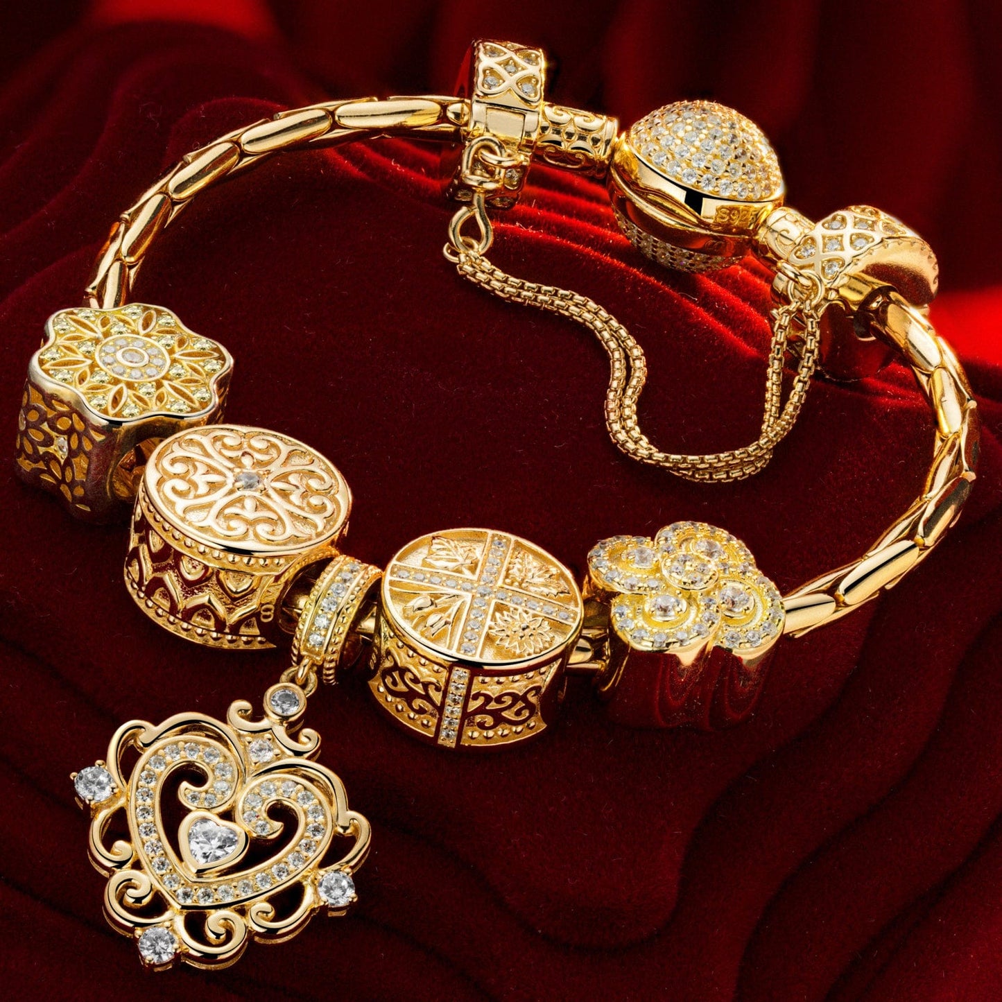 Sterling Silver The Queen's Garden Charms Bracelet Set In 14K Gold Plated (Includes bracelet and all charms shown)
