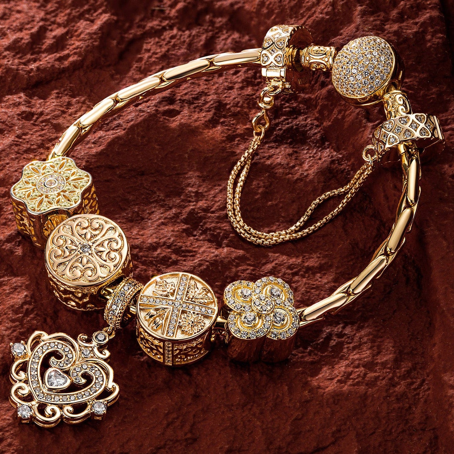 Sterling Silver The Queen's Garden Charms Bracelet Set In 14K Gold Plated (Includes bracelet and all charms shown)