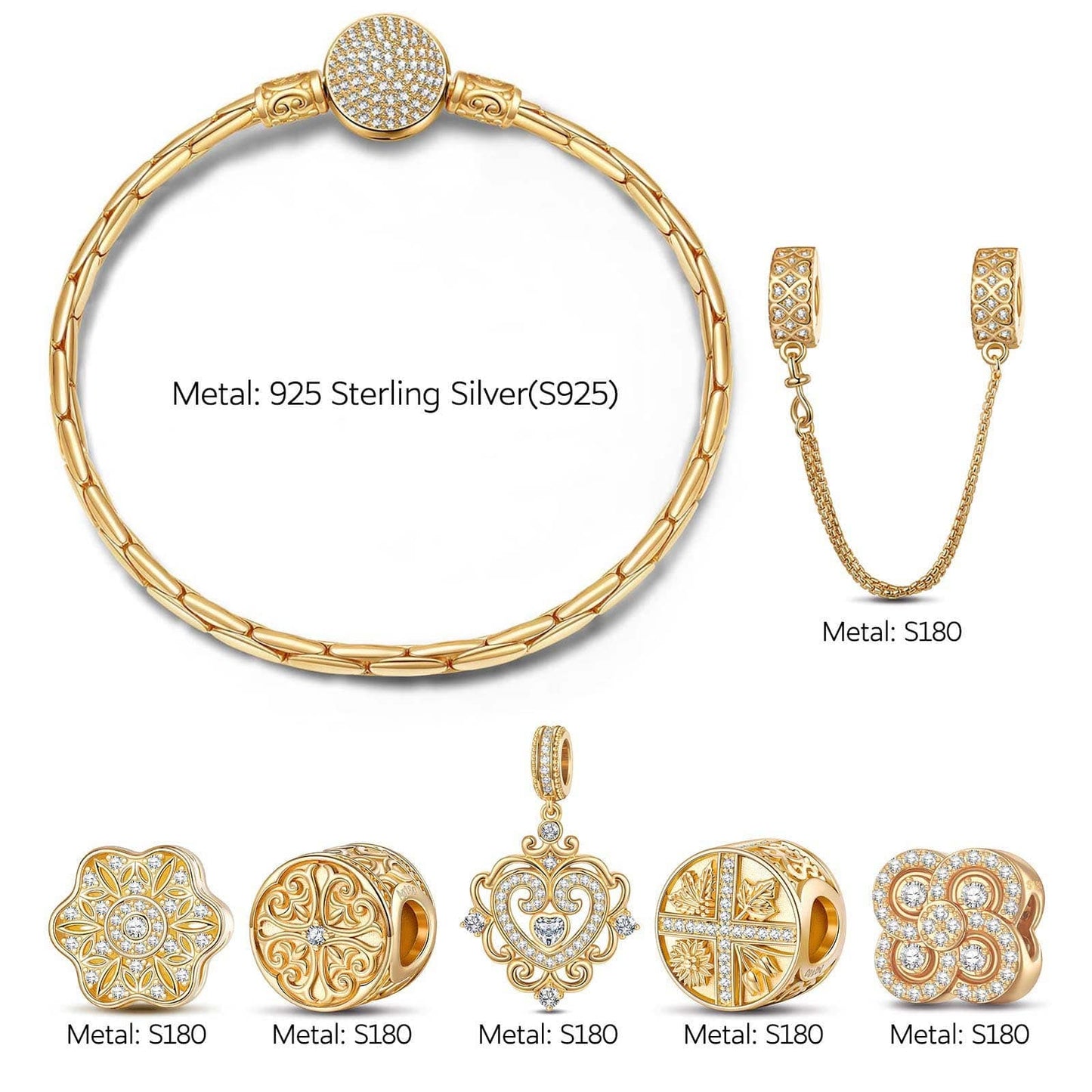 Sterling Silver The Queen's Garden Charms Bracelet Set In 14K Gold Plated (Includes bracelet and all charms shown)