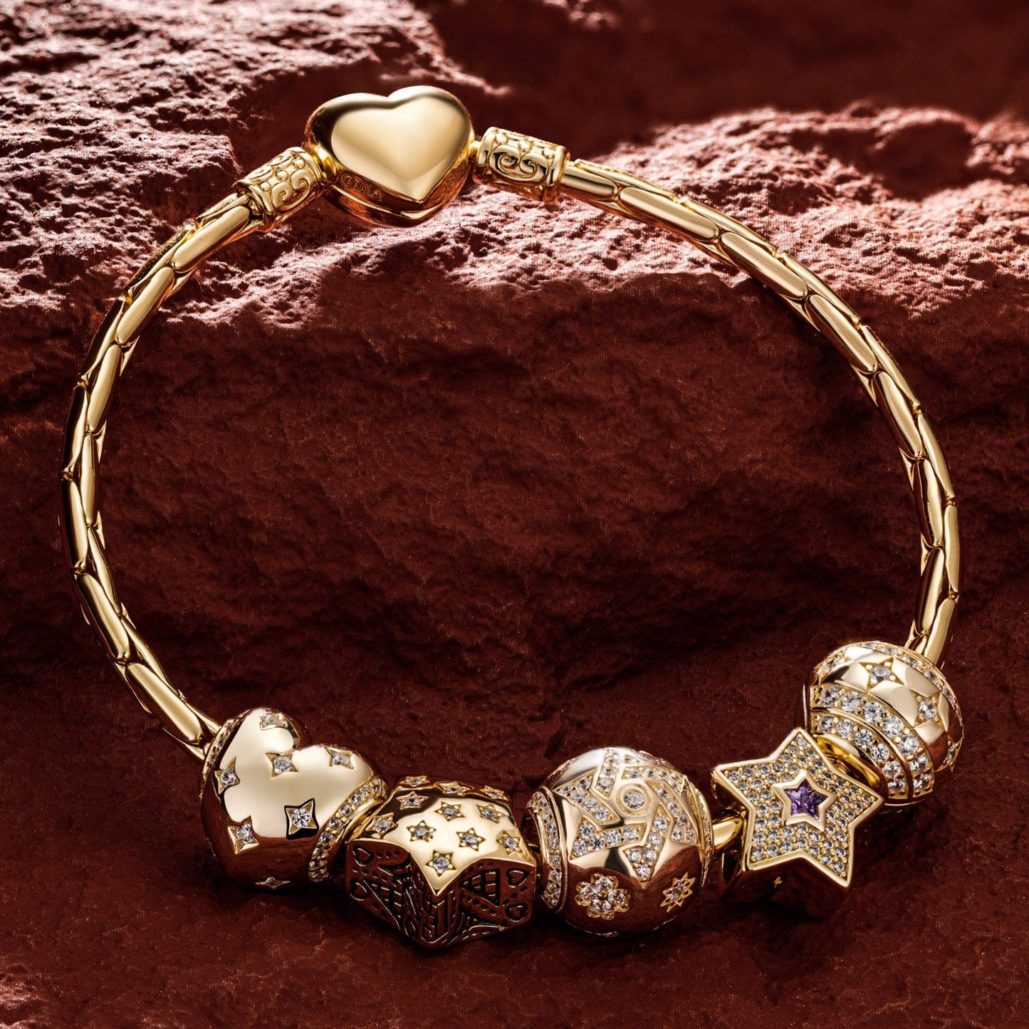 Sterling Silver The Stars Of Versailles Charms Bracelet Set In 14K Gold Plated (Includes bracelet and all charms shown)