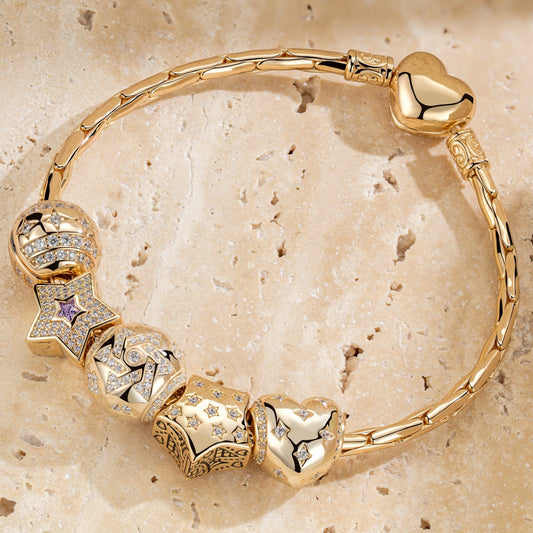 gona- Sterling Silver The Stars Of Versailles Charms Bracelet Set In 14K Gold Plated (Includes bracelet and all charms shown)