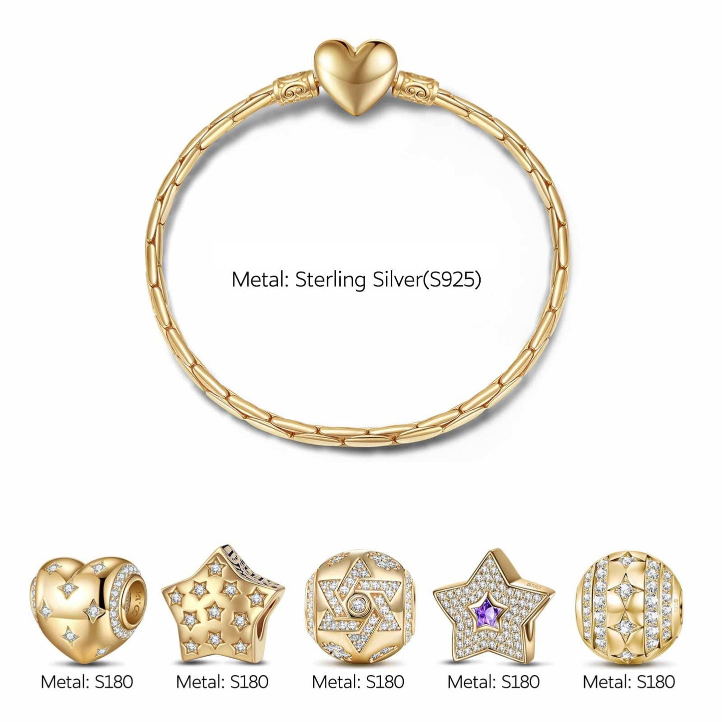 Sterling Silver The Stars Of Versailles Charms Bracelet Set In 14K Gold Plated (Includes bracelet and all charms shown)