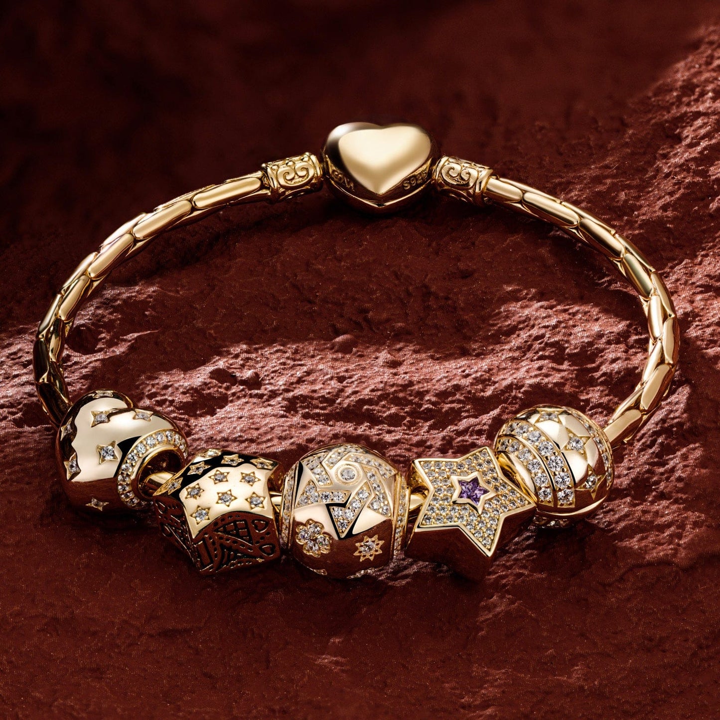 Sterling Silver The Stars Of Versailles Charms Bracelet Set In 14K Gold Plated (Includes bracelet and all charms shown)