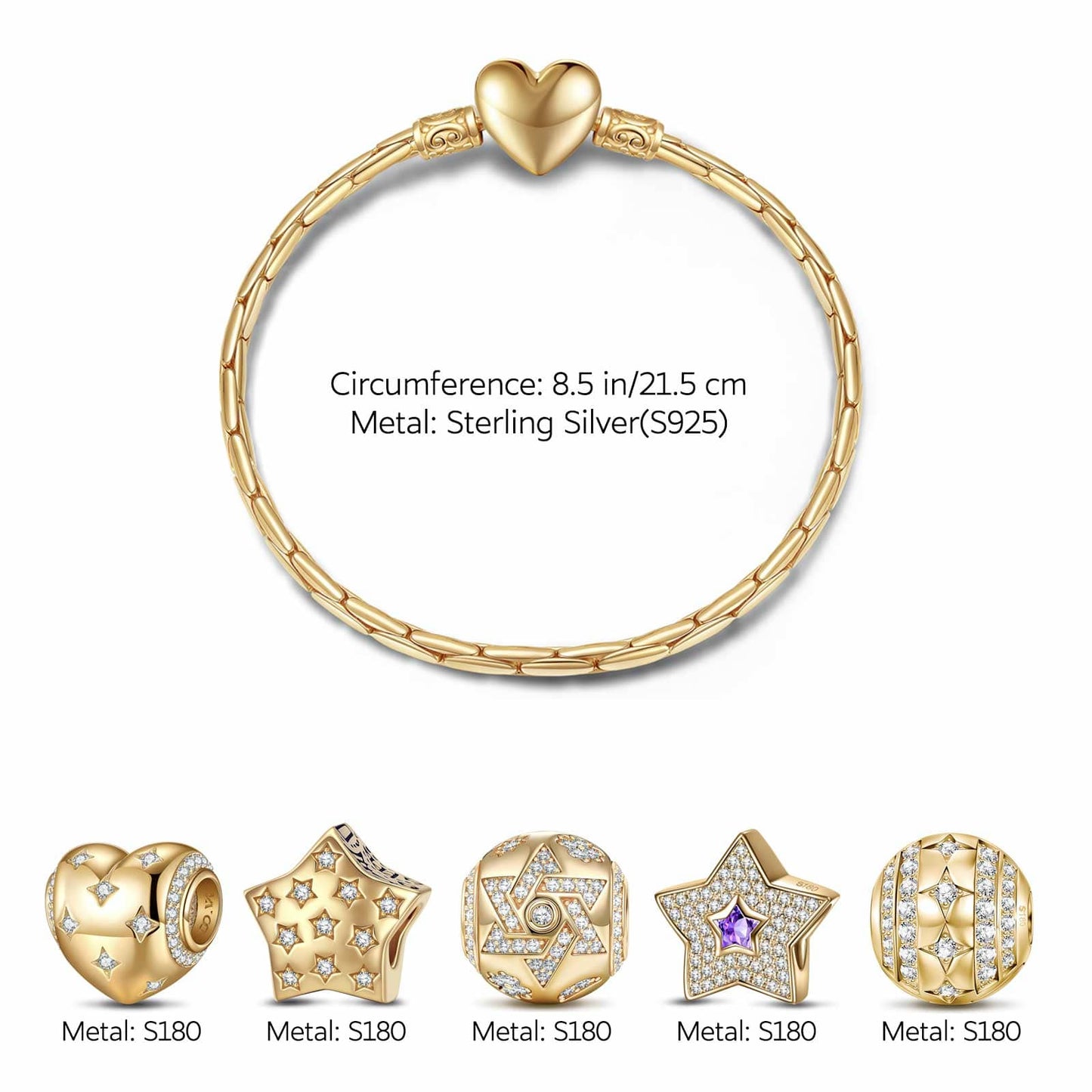 Sterling Silver The Stars Of Versailles Charms Bracelet Set In 14K Gold Plated