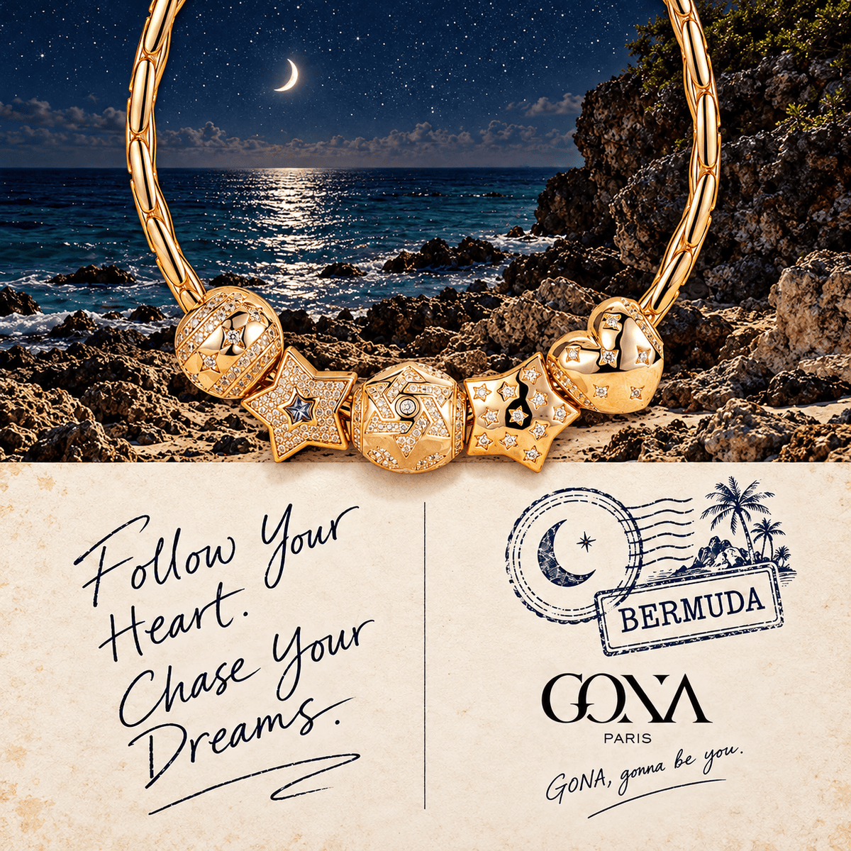 Sterling Silver The Stars Of Versailles Charms Bracelet Set In 14K Gold Plated (Includes bracelet and all charms shown)