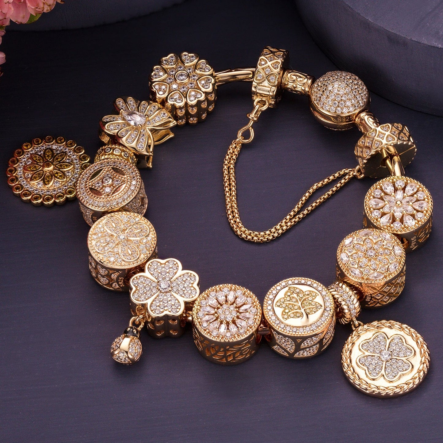 Sterling Silver The Garden Adventure Charms Bracelet Set With Enamel In 14K Gold Plated (Includes bracelet and all charms shown)