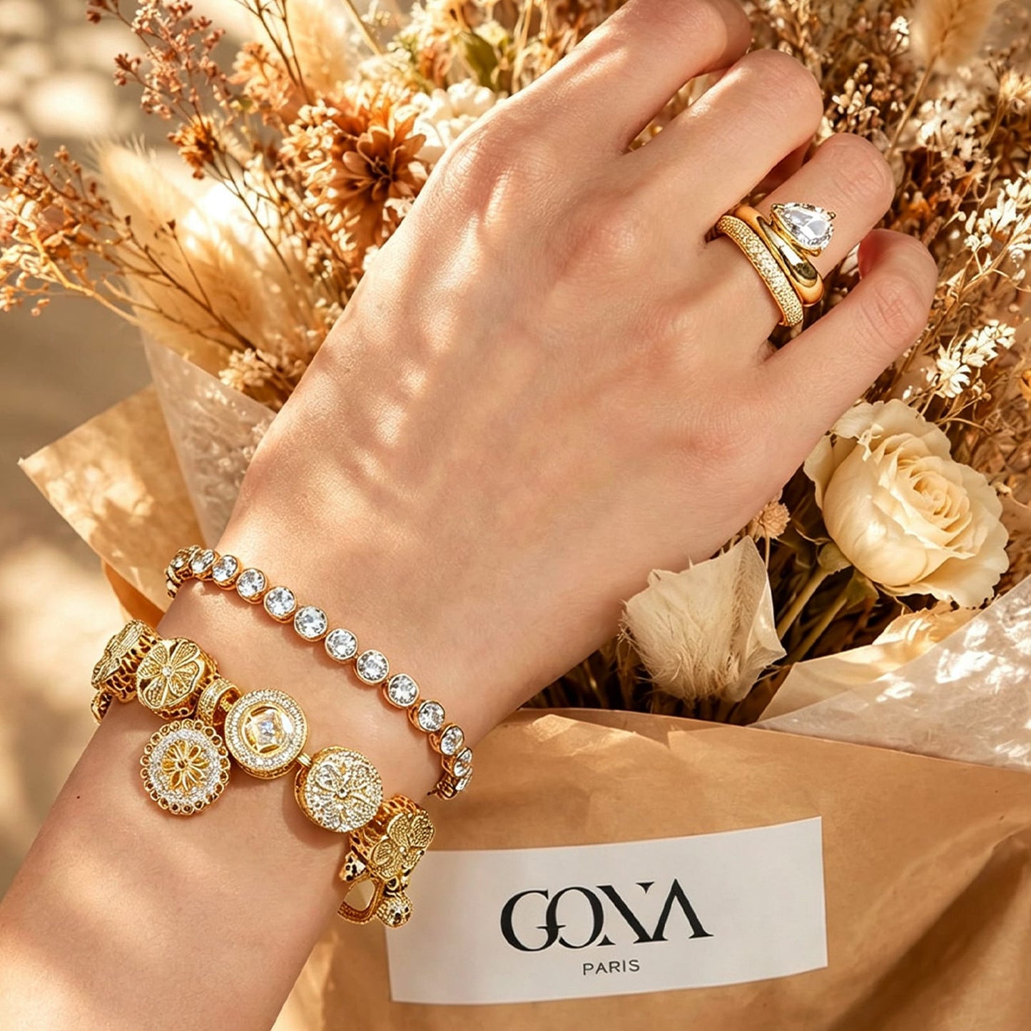 Sterling Silver The Garden Adventure Charms Bracelet Set With Enamel In 14K Gold Plated (Includes bracelet and all charms shown)