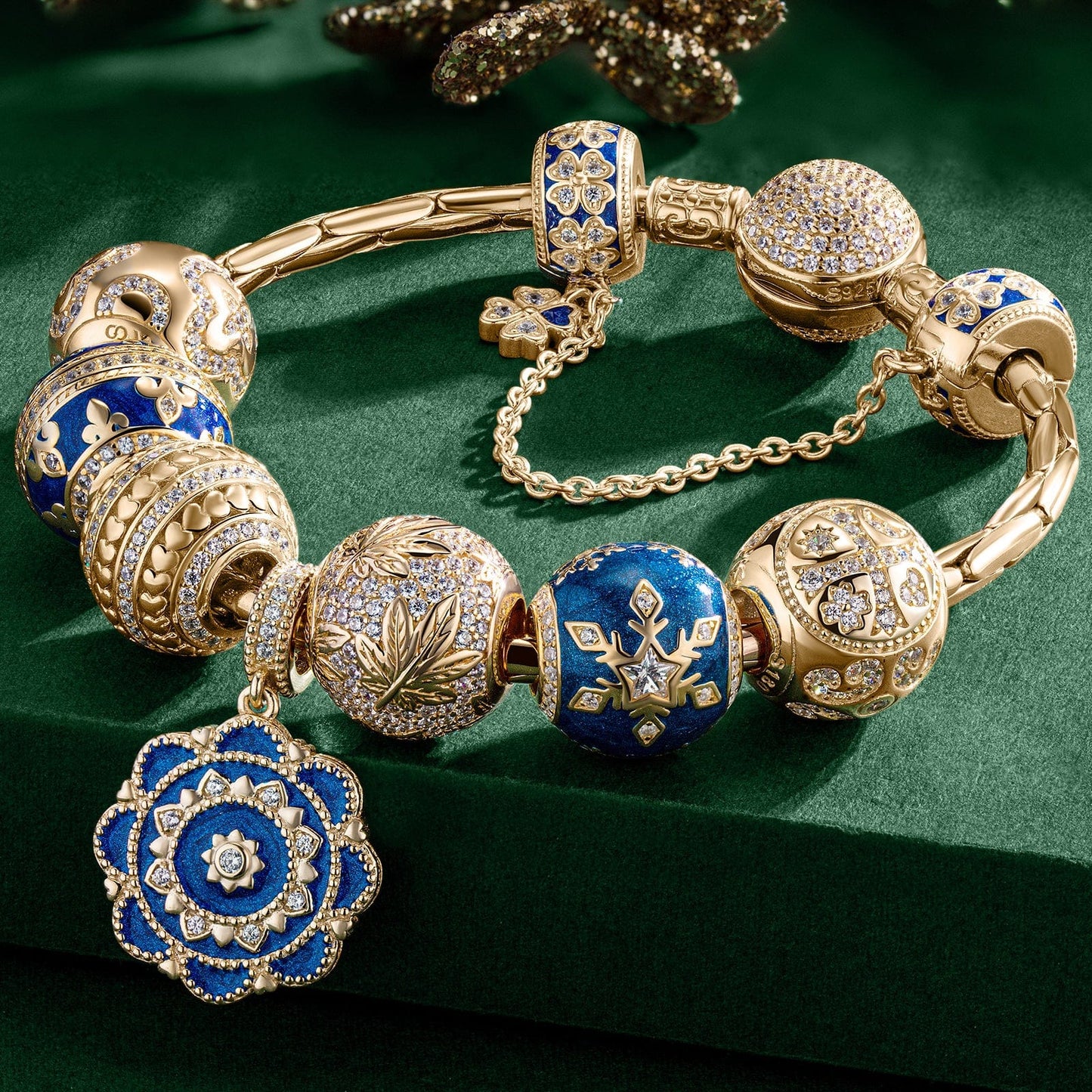 Sterling Silver Versailles Ball Charms Bracelet Set With Enamel In 14K Gold Plated