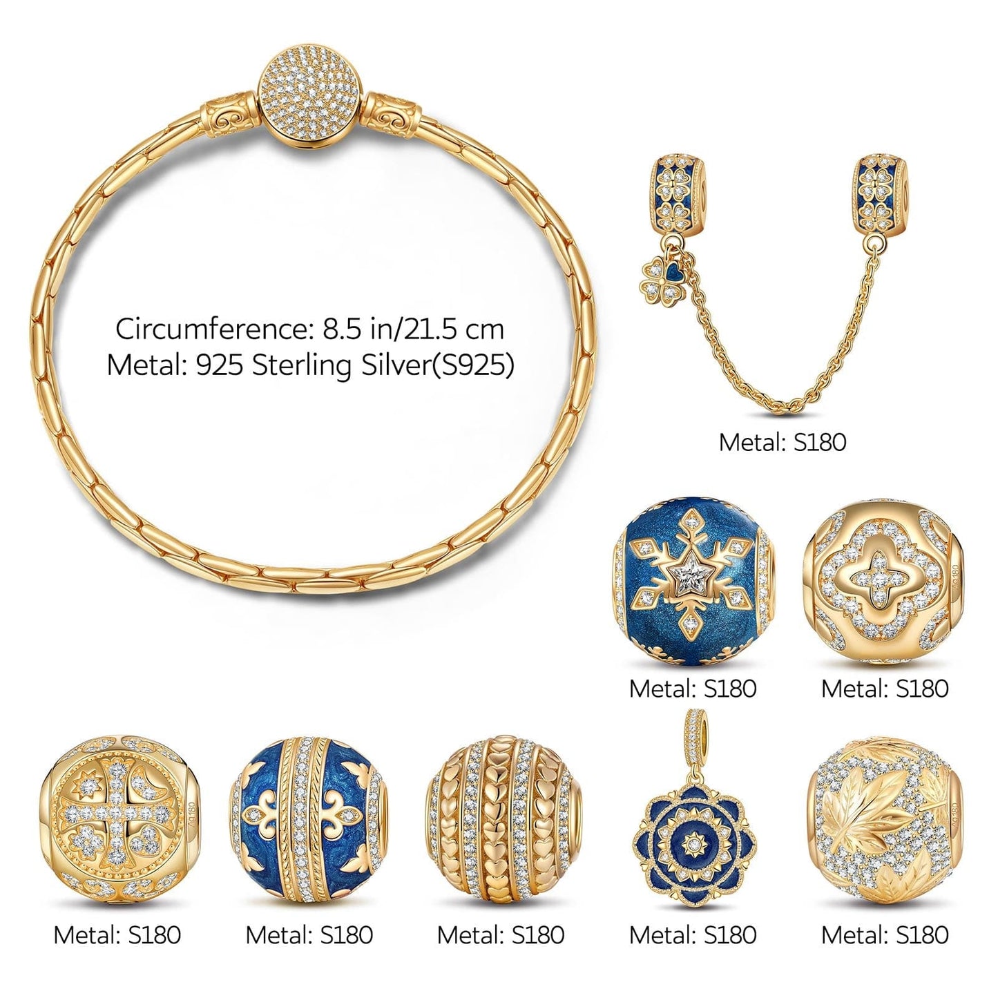 Sterling Silver Versailles Ball Charms Bracelet Set With Enamel In 14K Gold Plated (Includes bracelet and all charms shown)