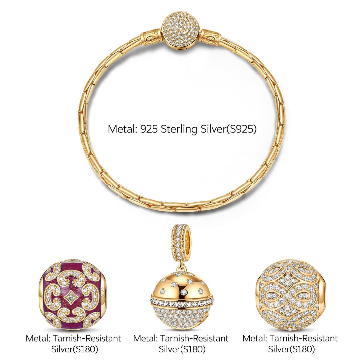 Sterling Silver Lively Ball Charms Bracelet Set With Enamel In 14K Gold Plated (Includes bracelet and all charms shown)