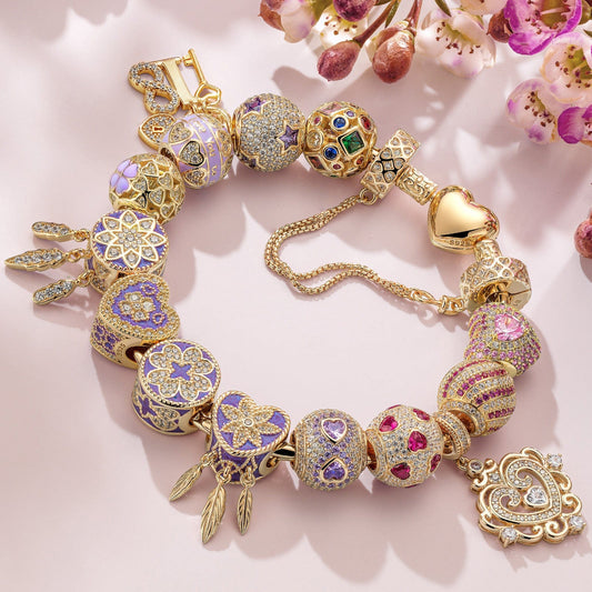 gona- Sterling Silver Fascinating Journey Charms Bracelet Set With Enamel In 14K Gold Plated (Includes bracelet and all charms shown)
