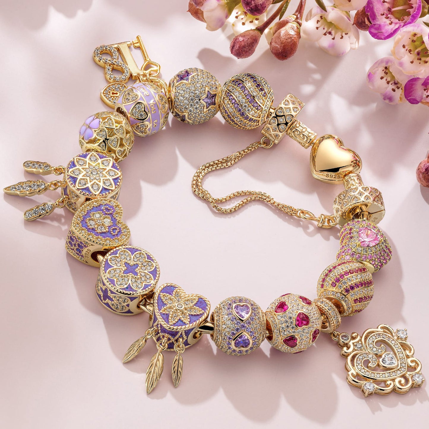 Sterling Silver Fascinating Journey Charms Bracelet Set With Enamel In 14K Gold Plated (Includes bracelet and all charms shown)