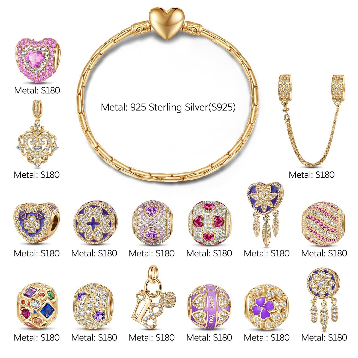 Sterling Silver Fascinating Journey Charms Bracelet Set With Enamel In 14K Gold Plated (Includes bracelet and all charms shown)