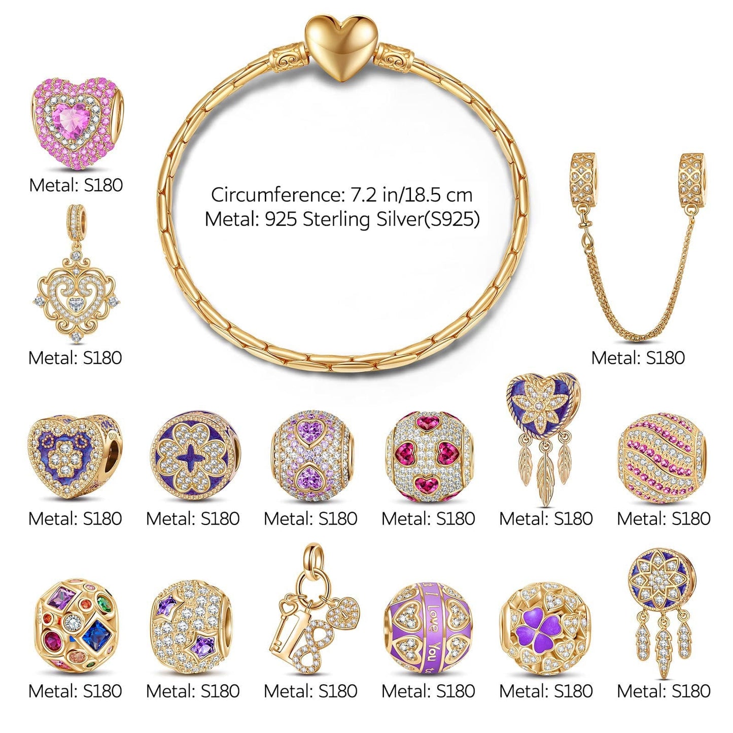 Sterling Silver Fascinating Journey Charms Bracelet Set With Enamel In 14K Gold Plated
