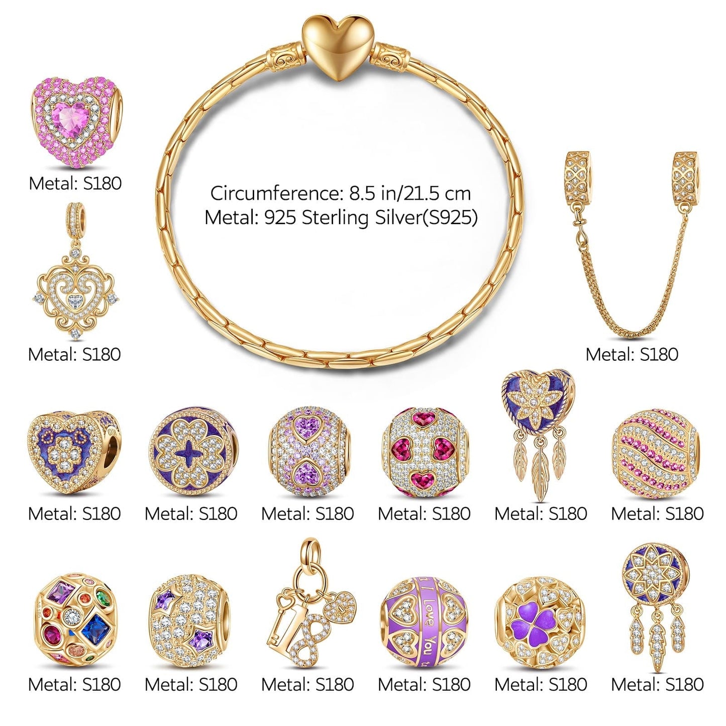 Sterling Silver Fascinating Journey Charms Bracelet Set With Enamel In 14K Gold Plated (Includes bracelet and all charms shown)