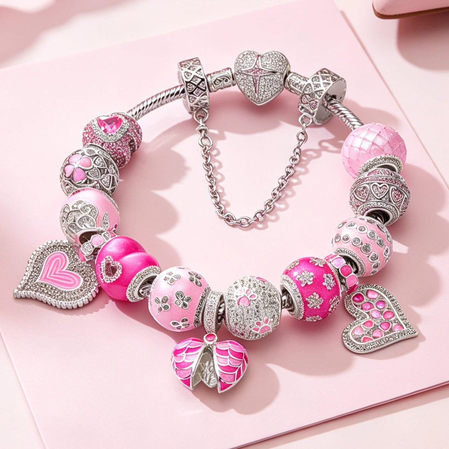 Sterling Silver Barbie Land Charms Bracelet Set With Enamel In White Gold Plated (Includes bracelet and all charms shown)