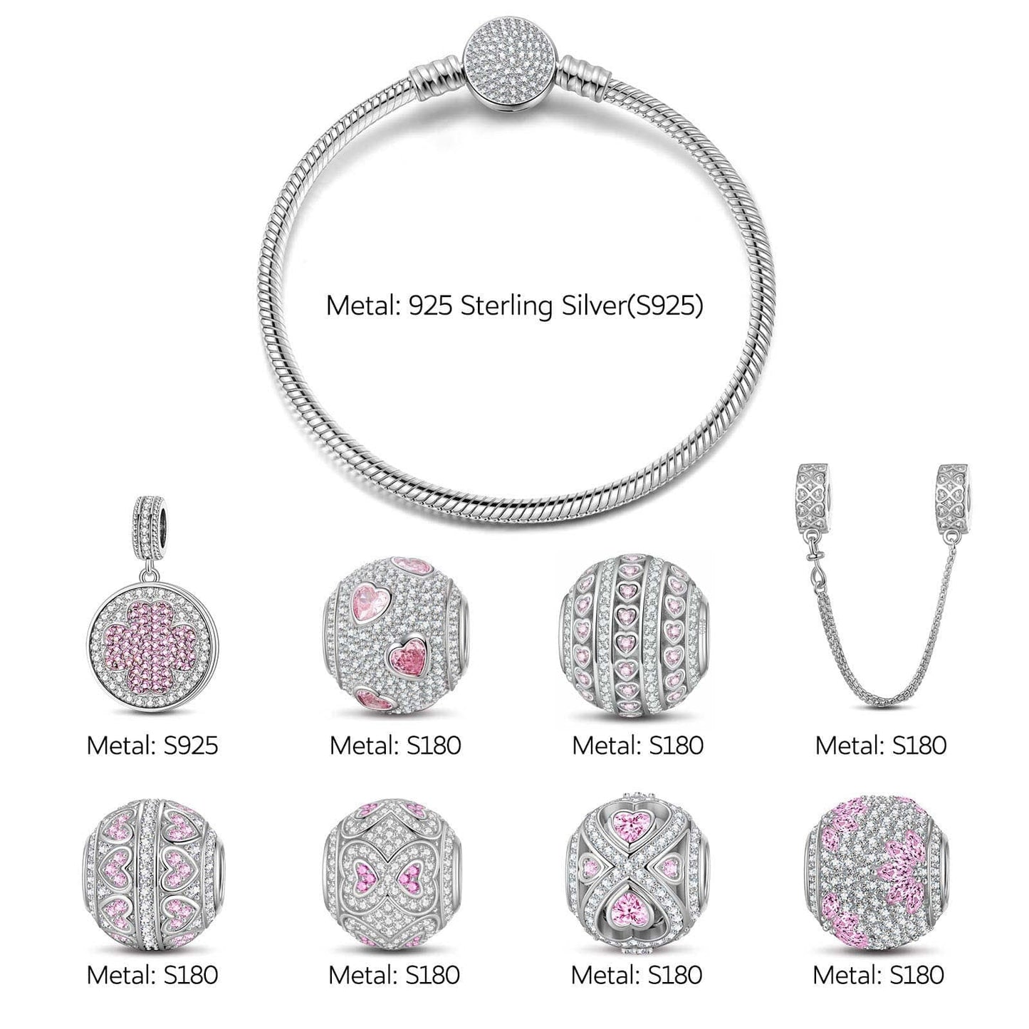 Sterling Silver Lucky Day Charms Bracelet Set In White Gold Plated (Includes bracelet and all charms shown)