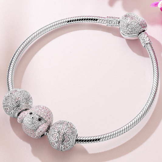 gon- Sterling Silver Cute Pet Paradise Charms Bracelet Set With Enamel In White Gold Plated