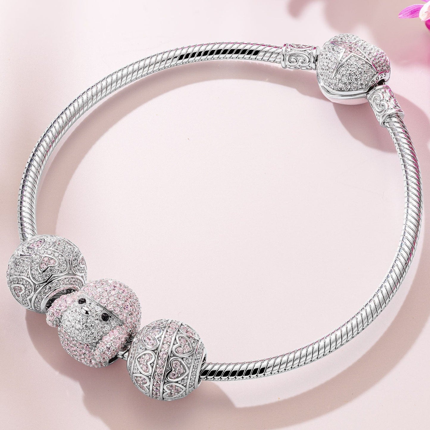 Sterling Silver Cute Pet Paradise Charms Bracelet Set With Enamel In White Gold Plated (Includes bracelet and all charms shown)