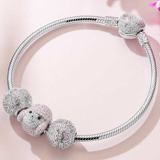 gon- Sterling Silver Cute Pet Paradise Charms Bracelet Set With Enamel In White Gold Plated (Includes bracelet and all charms shown)