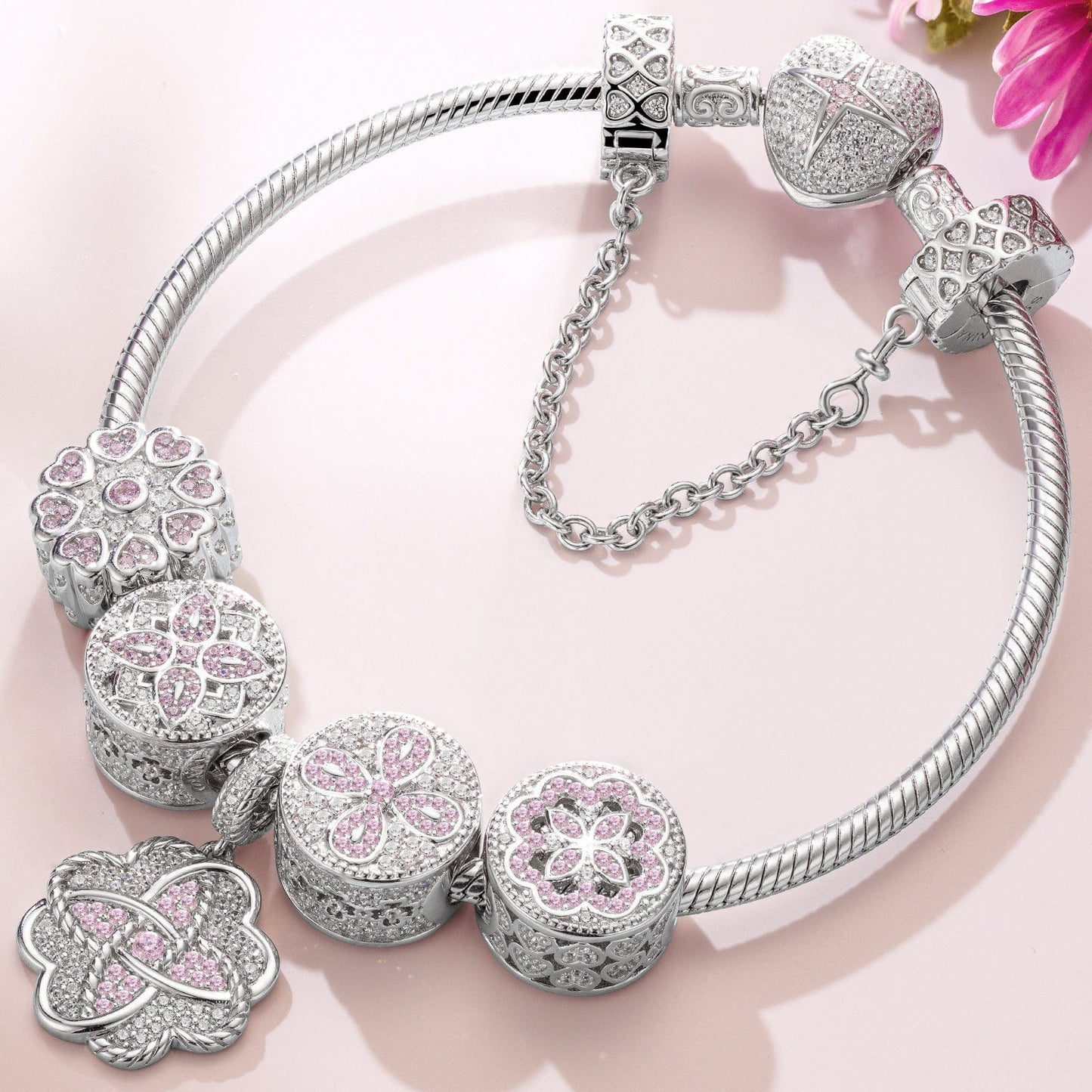 Sterling Silver Lucky Clover Charms Bracelet Set In White Gold Plated (Includes bracelet and all charms shown)