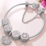 Sterling Silver Lucky Clover Charms Bracelet Set In White Gold Plated (Includes bracelet and all charms shown)