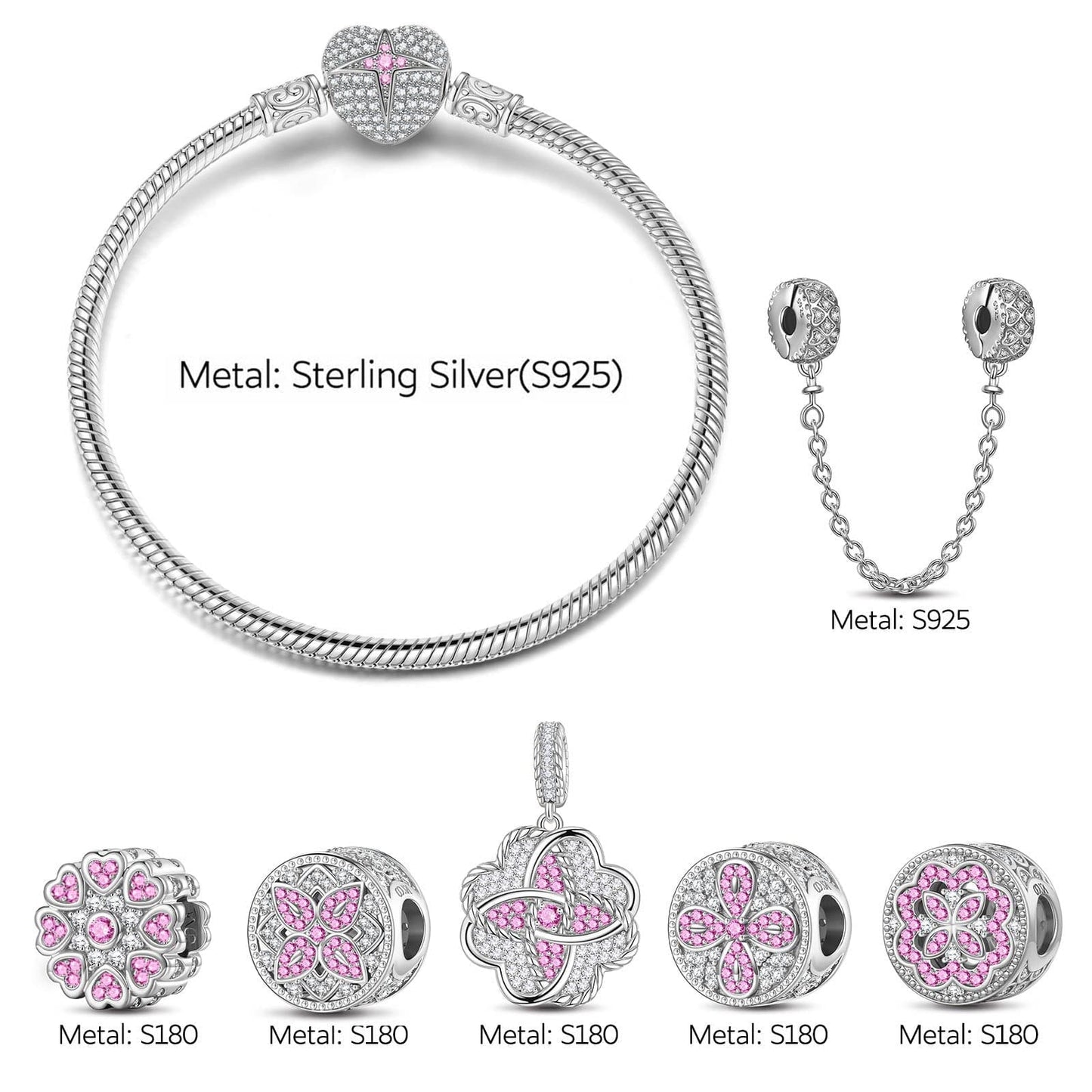 Sterling Silver Lucky Clover Charms Bracelet Set In White Gold Plated (Includes bracelet and all charms shown)