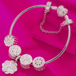 Sterling Silver Lucky Clover Charms Bracelet Set In White Gold Plated (Includes bracelet and all charms shown)