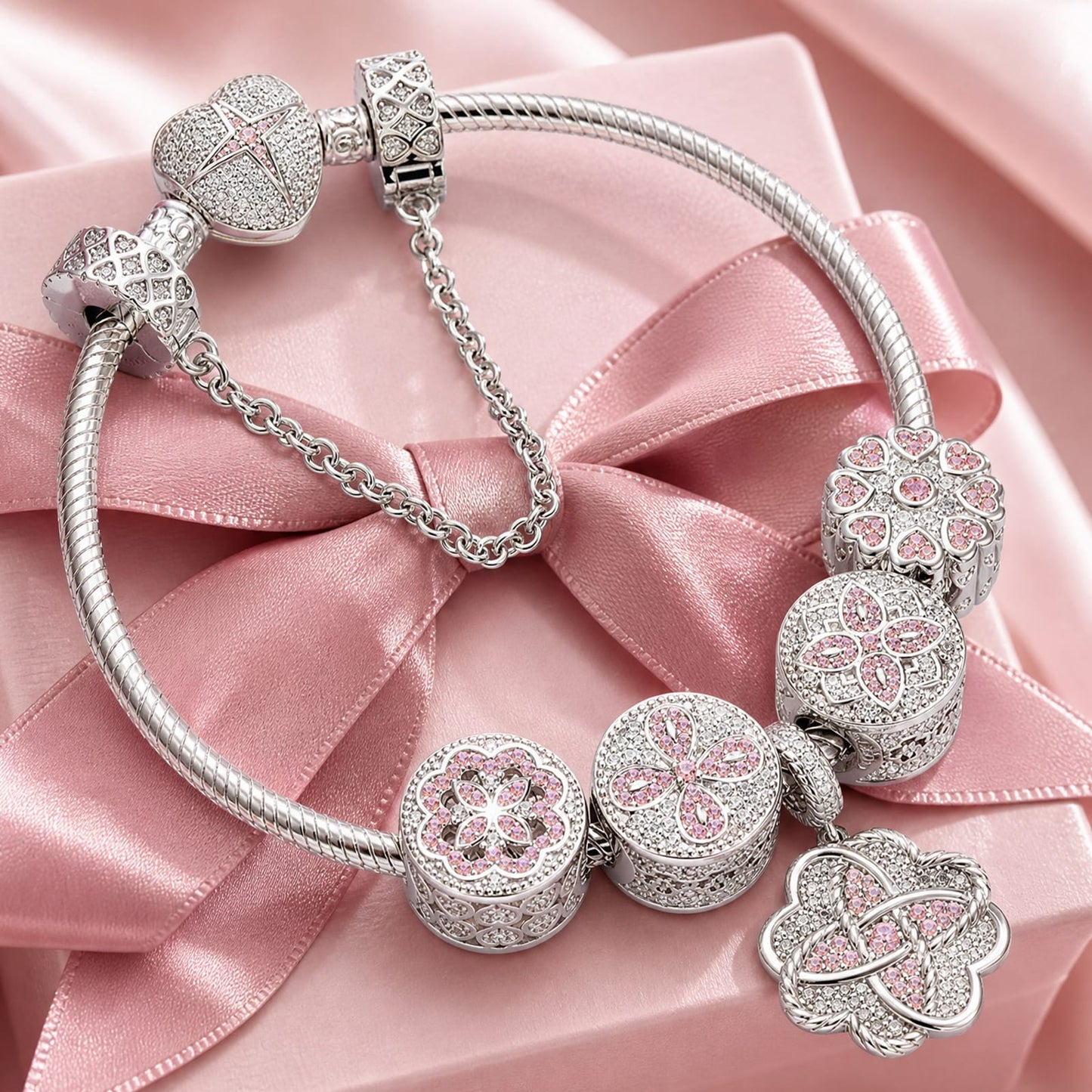 Sterling Silver Lucky Clover Charms Bracelet Set In White Gold Plated (Includes bracelet and all charms shown)