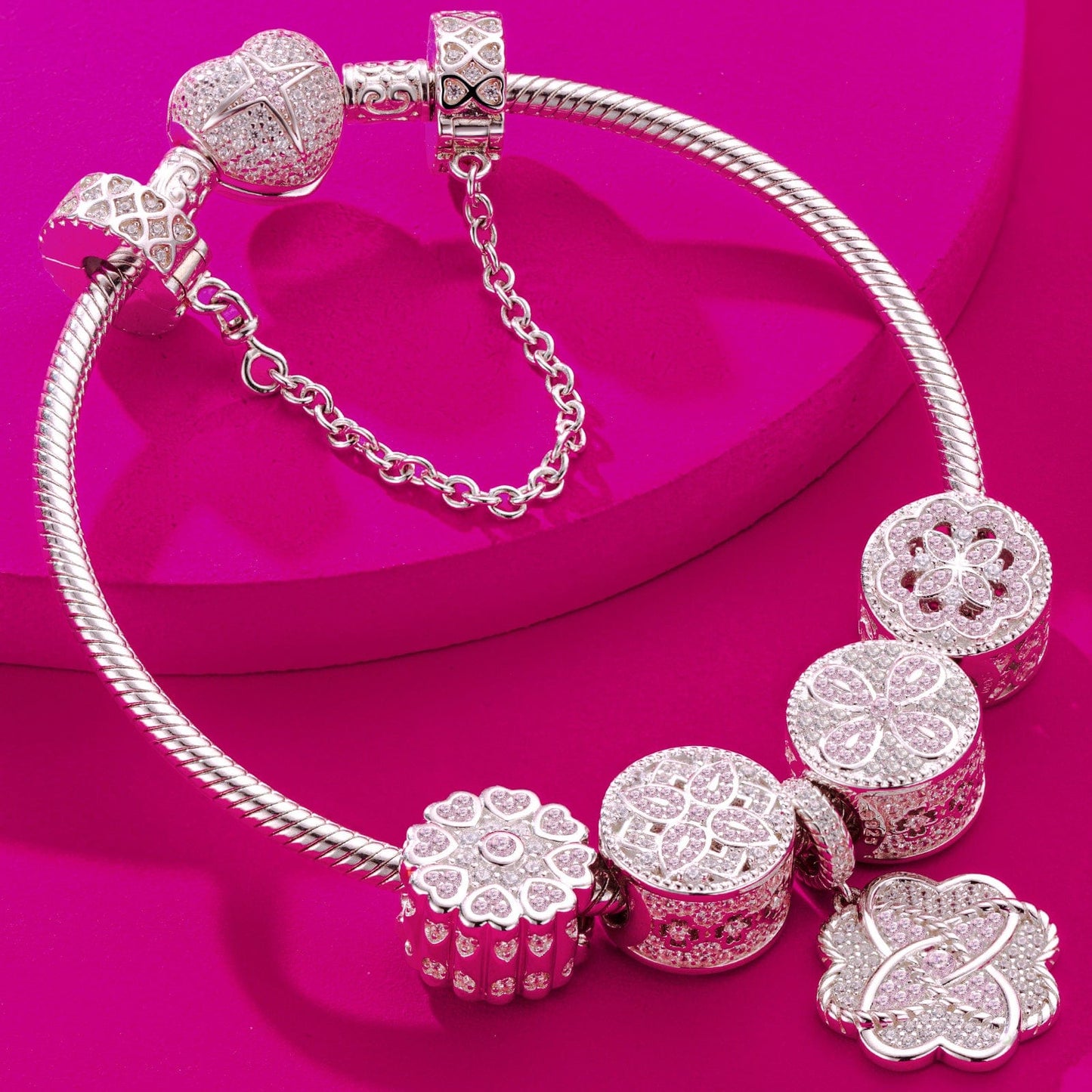 Sterling Silver Lucky Clover Charms Bracelet Set In White Gold Plated (Includes bracelet and all charms shown)