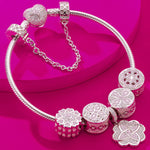 Sterling Silver Lucky Clover Charms Bracelet Set In White Gold Plated (Includes bracelet and all charms shown)