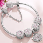 Sterling Silver Lucky Clover Charms Bracelet Set In White Gold Plated (Includes bracelet and all charms shown)