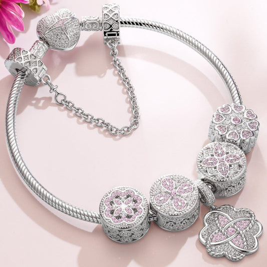 gona- Sterling Silver Lucky Clover Charms Bracelet Set In White Gold Plated (Includes bracelet and all charms shown)