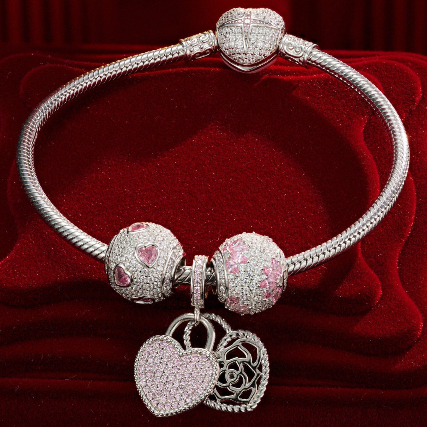 Sterling Silver Secretly Love Charms Bracelet Set With Enamel In White Gold Plated (Includes bracelet and all charms shown)