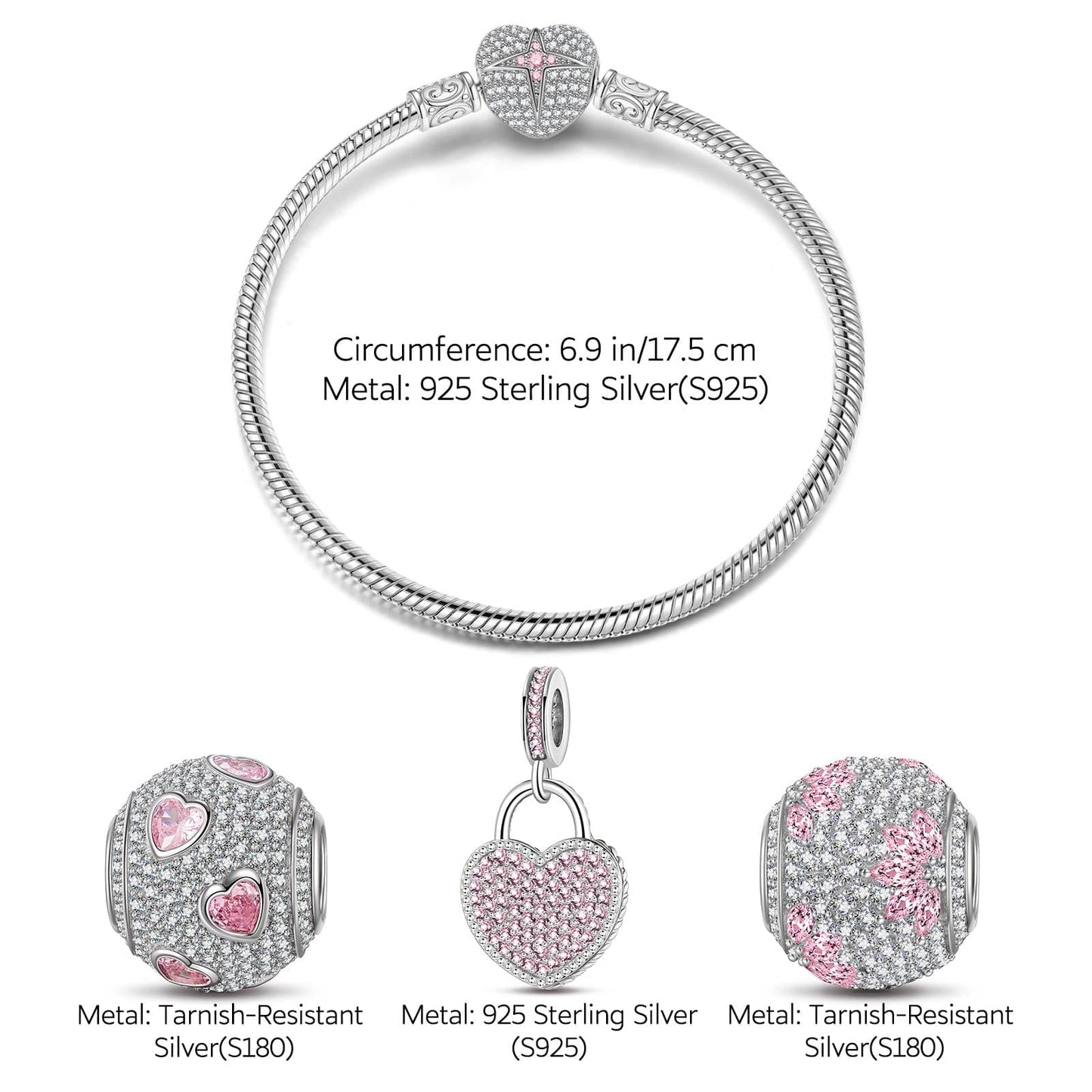 Sterling Silver Secretly Love Charms Bracelet Set With Enamel In White Gold Plated