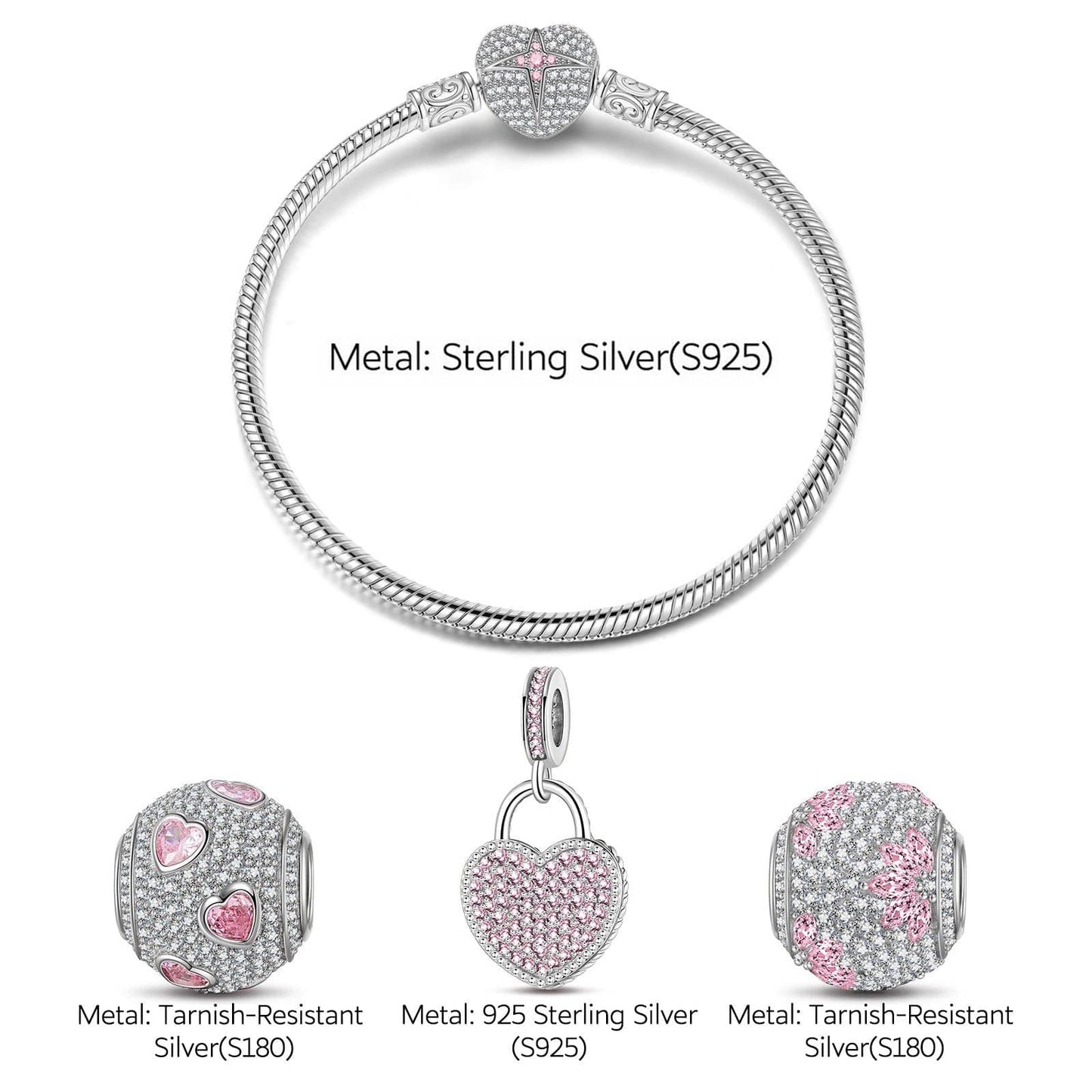 Sterling Silver Secretly Love Charms Bracelet Set With Enamel In White Gold Plated (Includes bracelet and all charms shown)