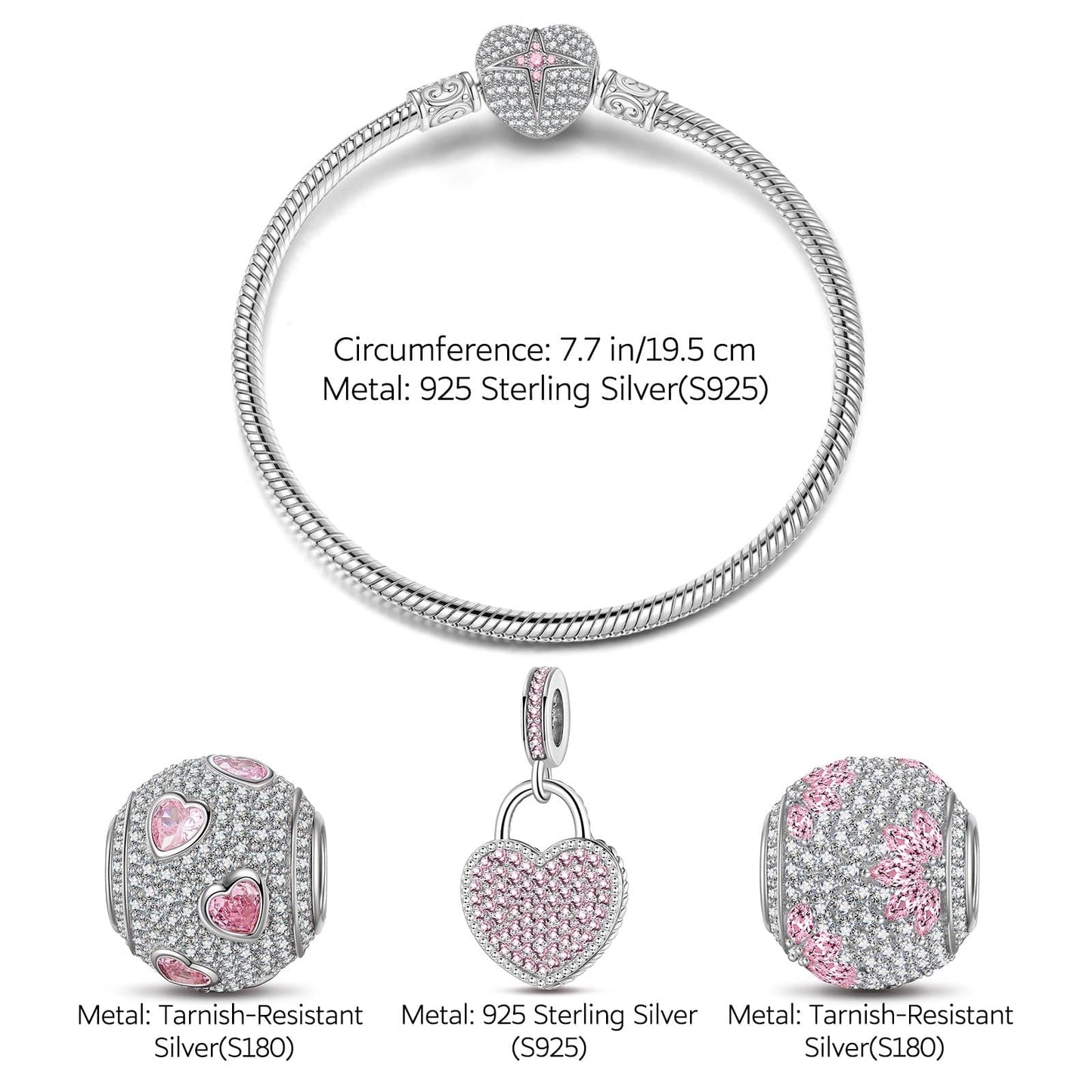 Sterling Silver Secretly Love Charms Bracelet Set With Enamel In White Gold Plated (Includes bracelet and all charms shown)