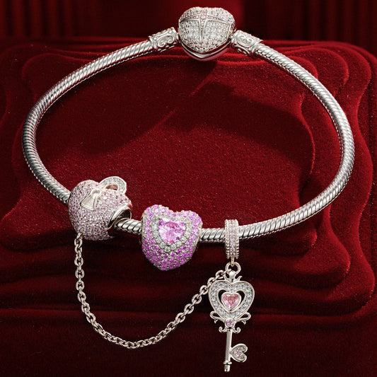 gon- Sterling Silver Romantic Love Charms Bracelet Set With Enamel In White Gold Plated