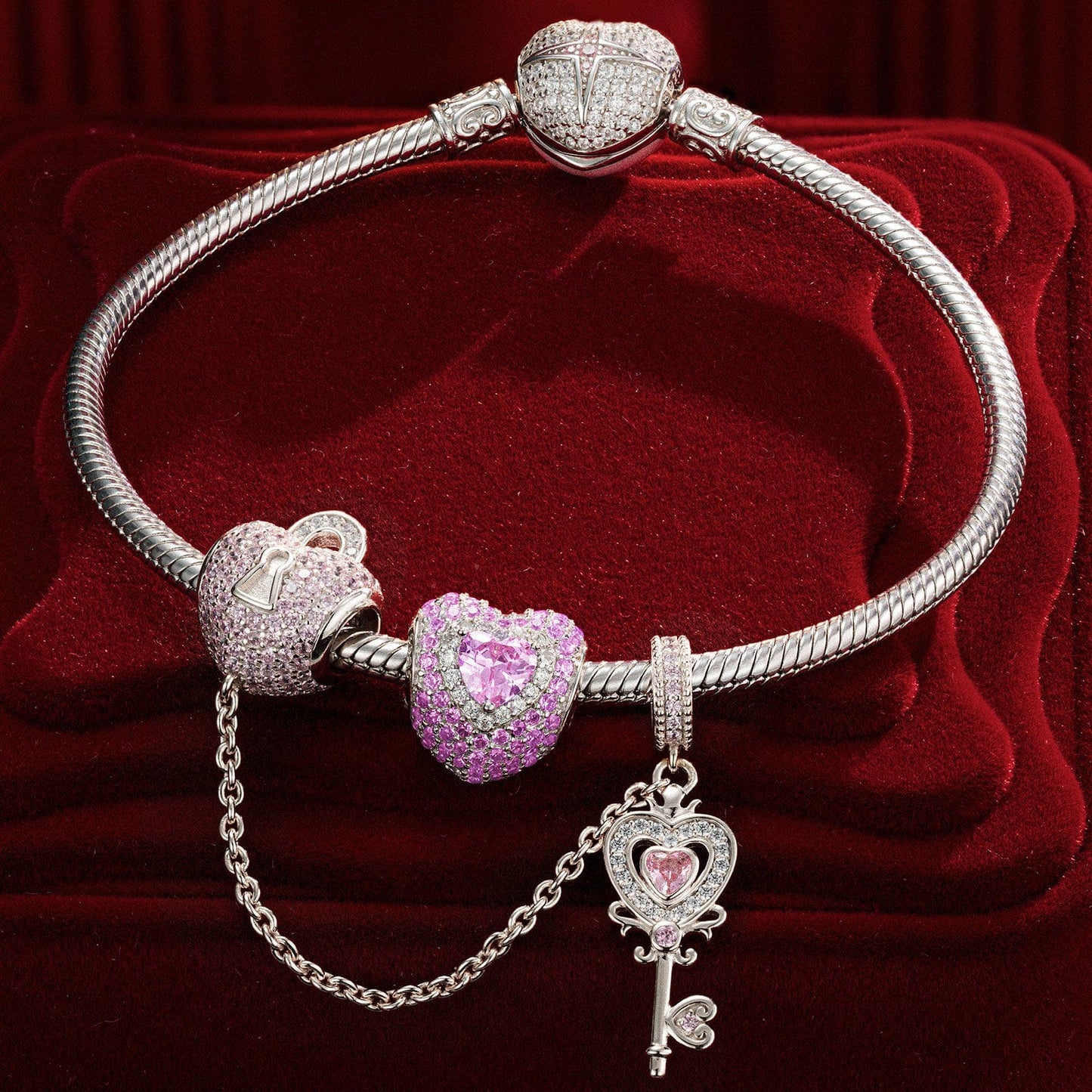 Sterling Silver Romantic Love Charms Bracelet Set With Enamel In White Gold Plated