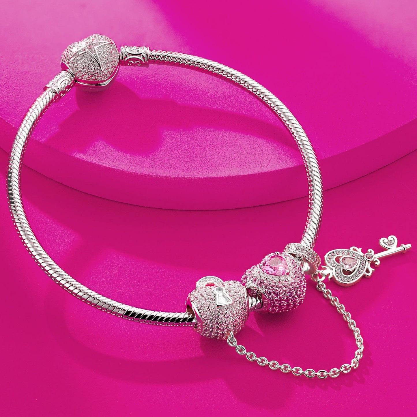 Sterling Silver Romantic Love Charms Bracelet Set With Enamel In White Gold Plated (Includes bracelet and all charms shown)