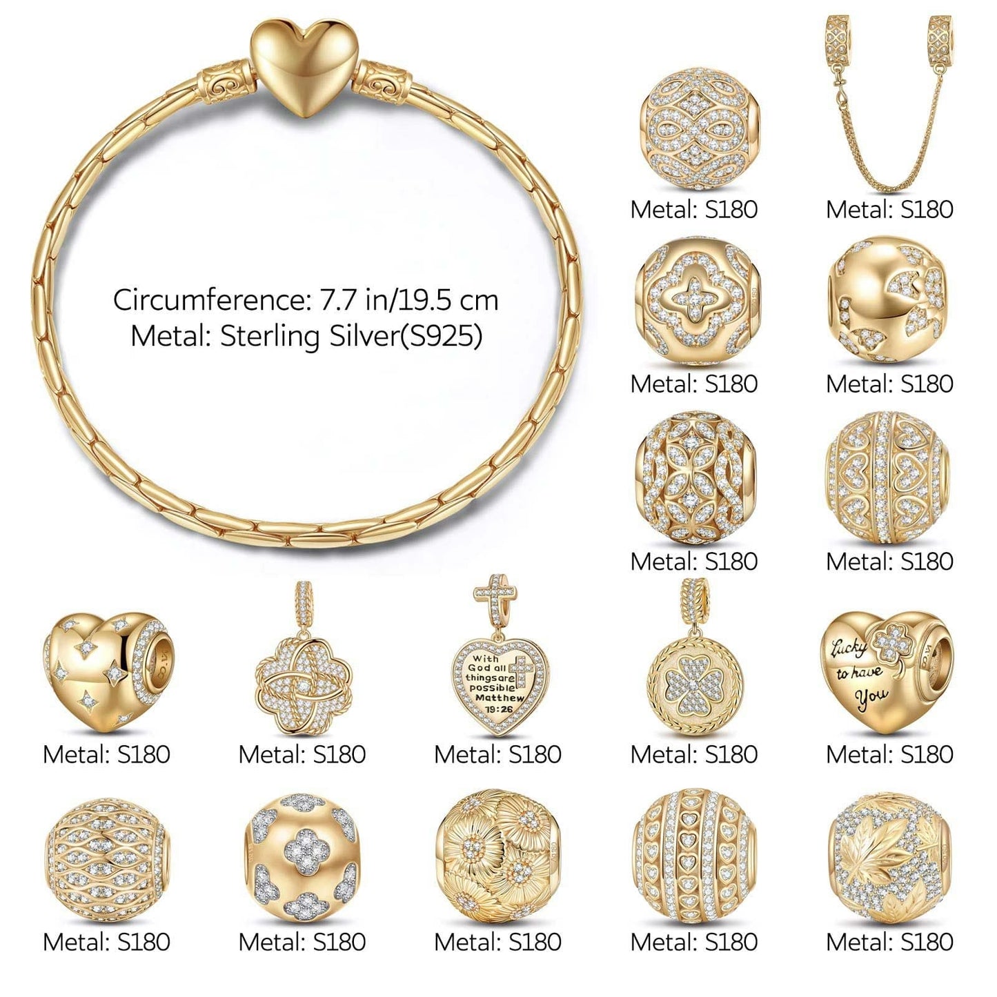Sterling Silver Secret Garden Charms Bracelet Set In 14K Gold Plated