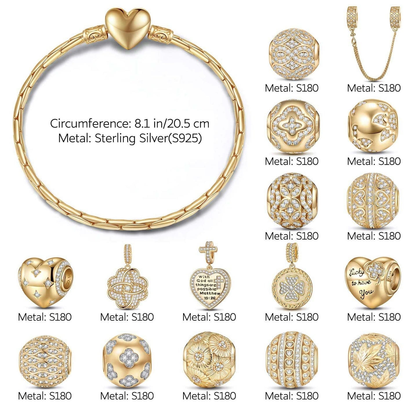 Sterling Silver Secret Garden Charms Bracelet Set In 14K Gold Plated (Includes bracelet and all charms shown)