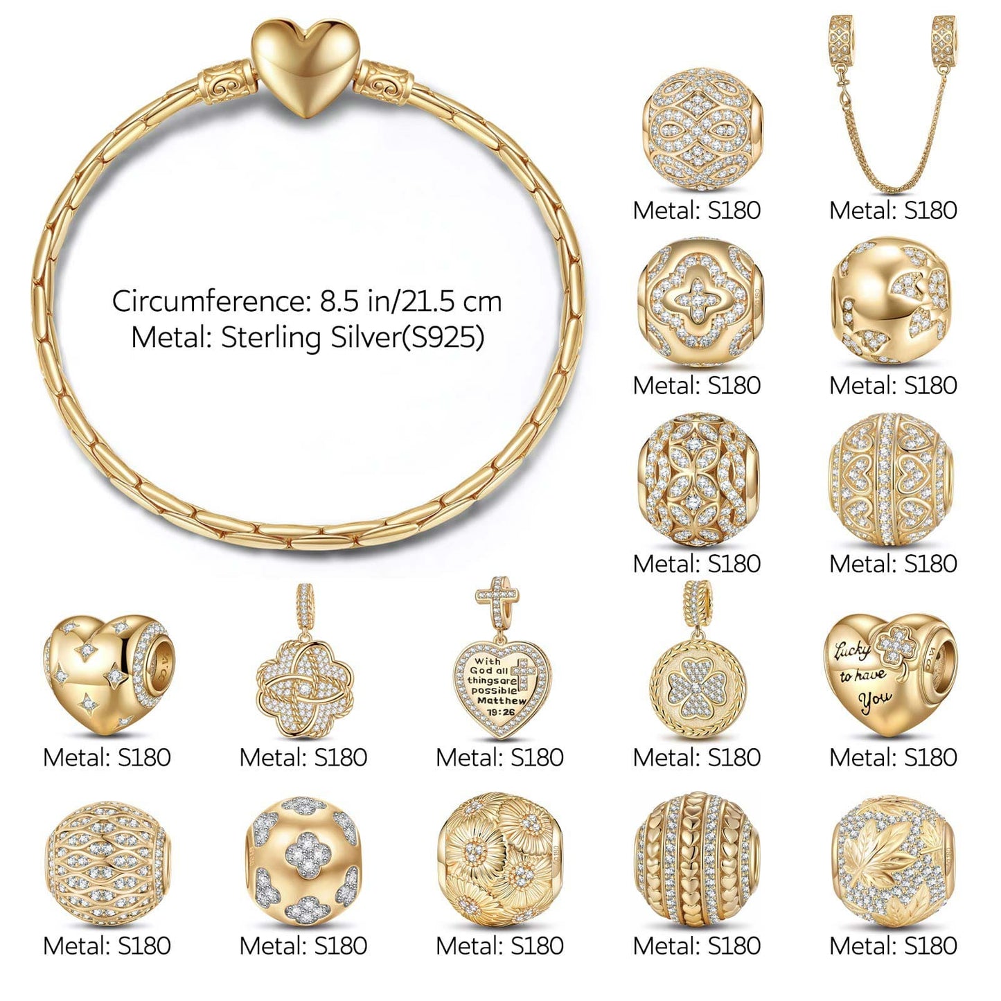 Sterling Silver Secret Garden Charms Bracelet Set In 14K Gold Plated - Exclusive Christmas Gift Box